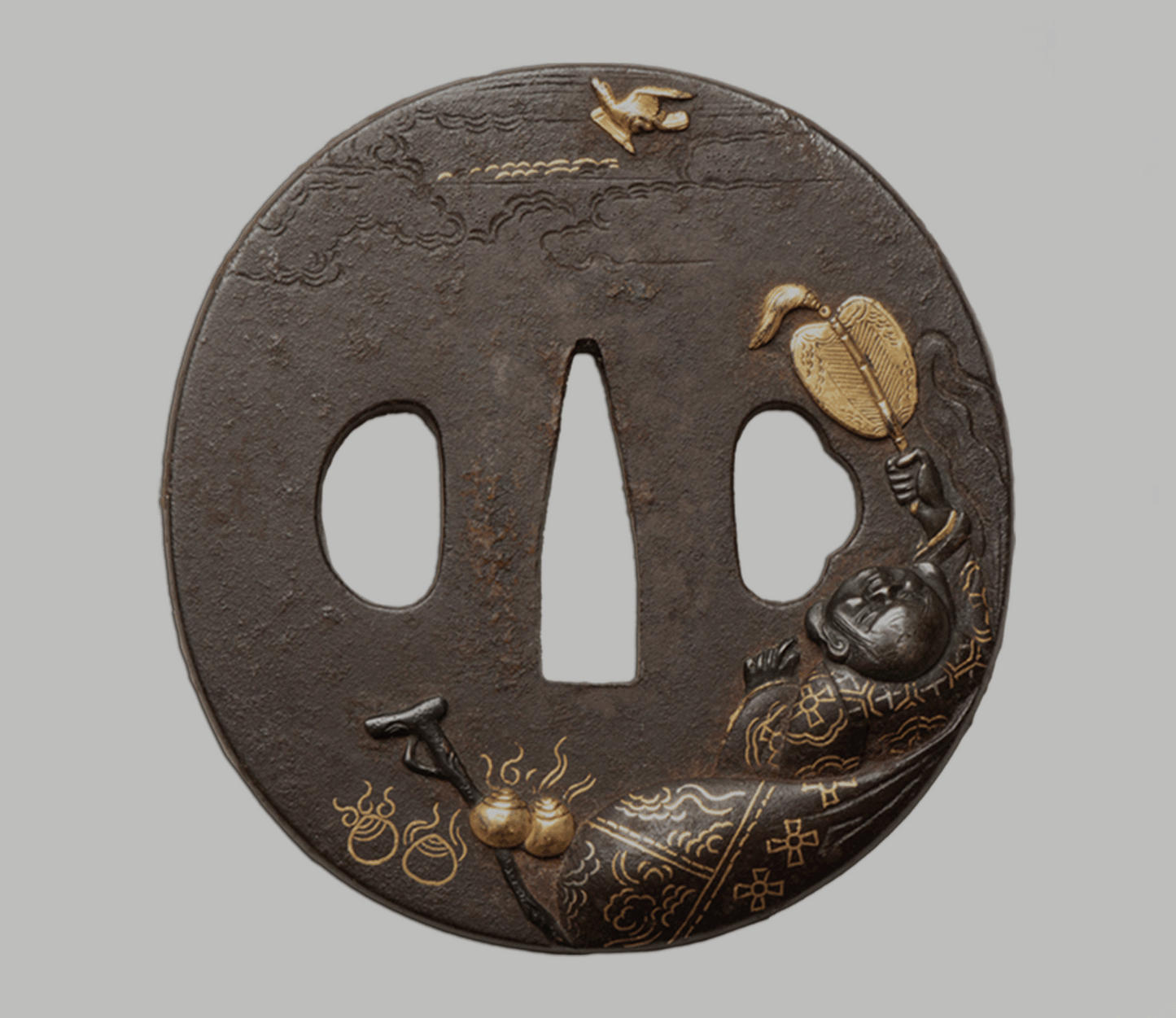 Tsuba - Mito - 水戸 仙人図(馬師皇) - Hotei with bird - shakudo, gold and silver
