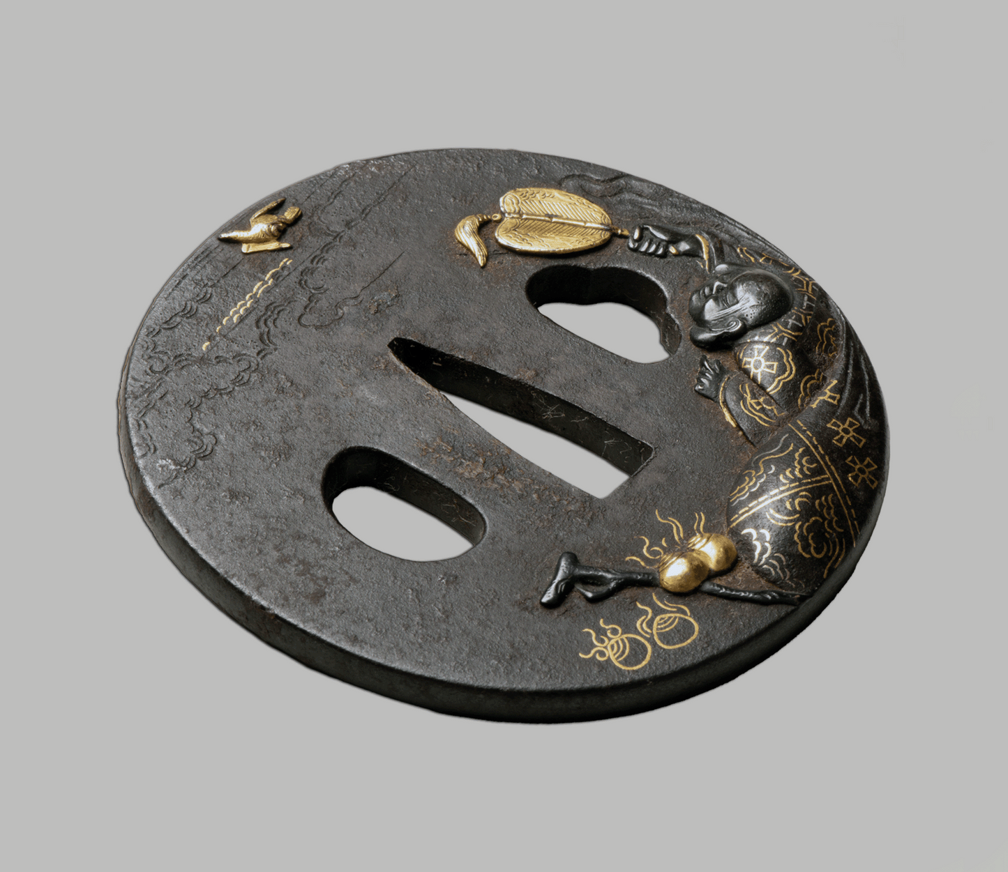 Tsuba - Mito - 水戸 仙人図(馬師皇) - Hotei with bird - shakudo, gold and silver