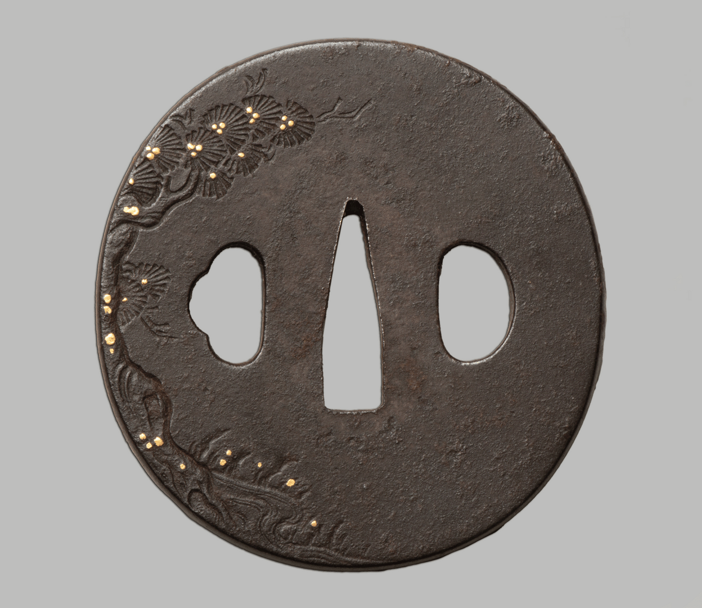 Tsuba - Mito - 水戸 仙人図(馬師皇) - Hotei with bird - shakudo, gold and silver