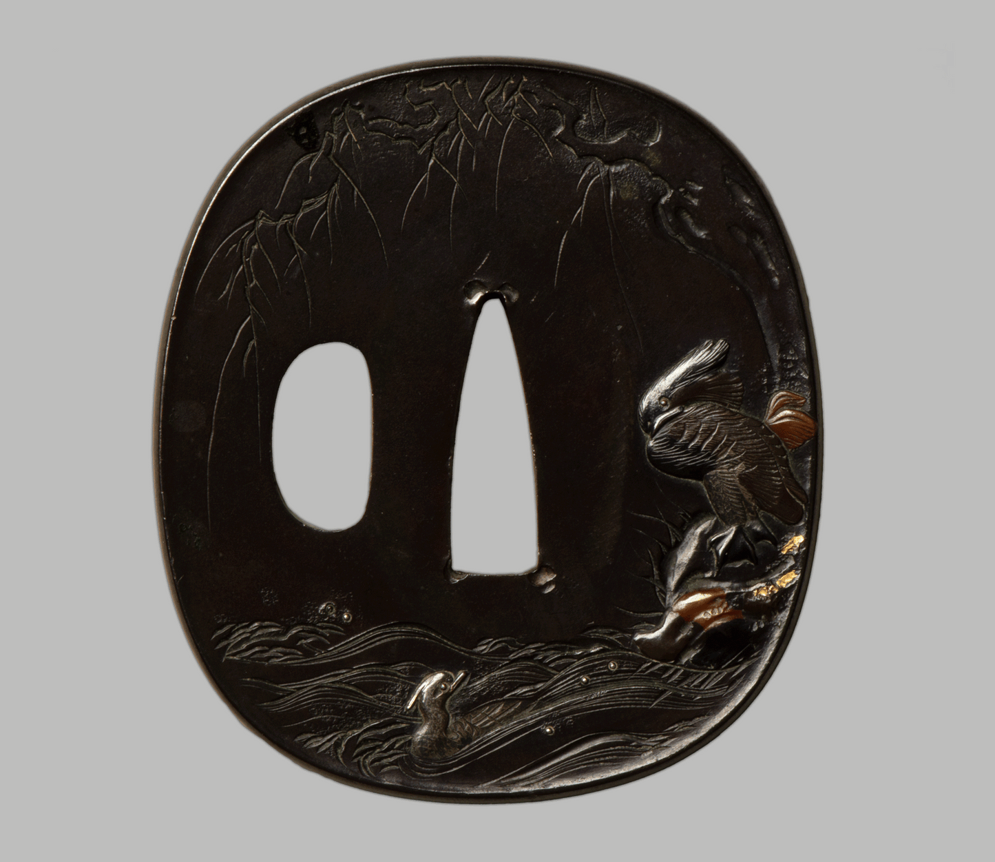 - Tsuba - Edo Mito 無銘(水戸) Willow and waterfowl - NBTHK Tokubetsu Hozon